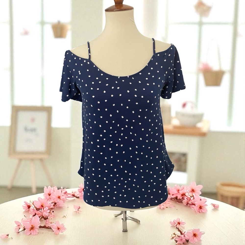 Kaileigh Navy Blue Cold Shoulder Blouse with White Dots‎ Size XS